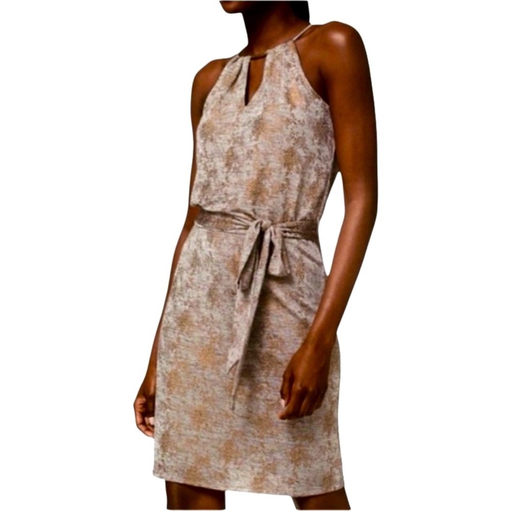 WHBM Halter Top Dress Bronze Belted Sleeveless Foil Taupe Tan Gray Size XS